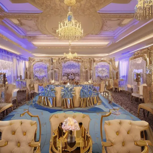 Image similar to a beautiful and elegant room designed with a combination of baroque and nanotechnology styles, large blue gem centerpiece, high tech features, complimentary colors