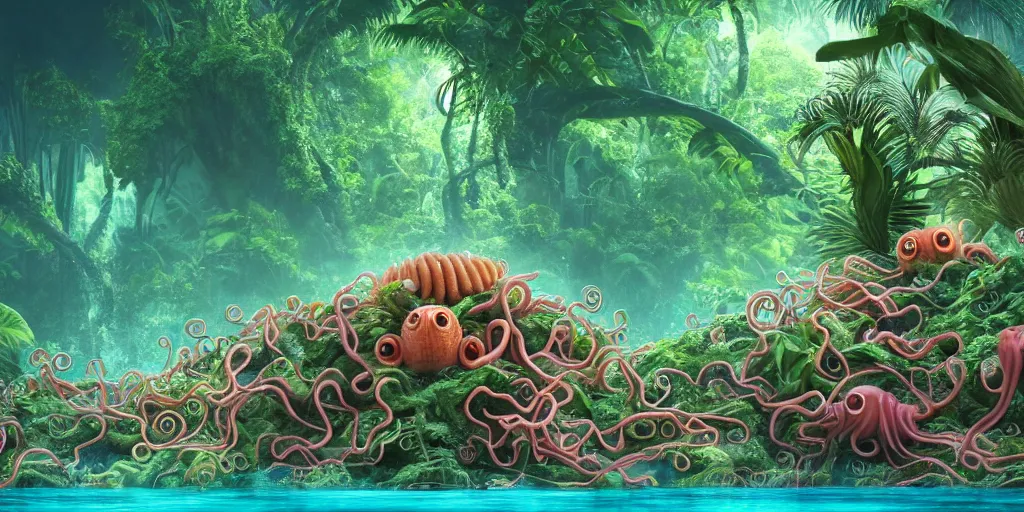 Image similar to of a tropical rainforest lake with strange cute friendly happy creatures with huge eyes, mouth, long tongue, round teeth and tentacles appearing from sandy coral, in the style of gehry and gaudi, macro lens, shallow depth of field, ultra detailed, digital painting, trending artstation, concept art, illustration, cinematic lighting, photorealism, epic, octane render