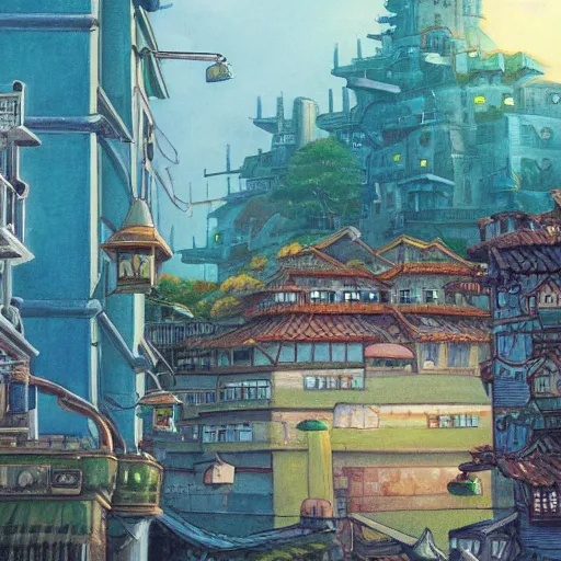 Image similar to spirited away detailed city landscape art by magic the gathering