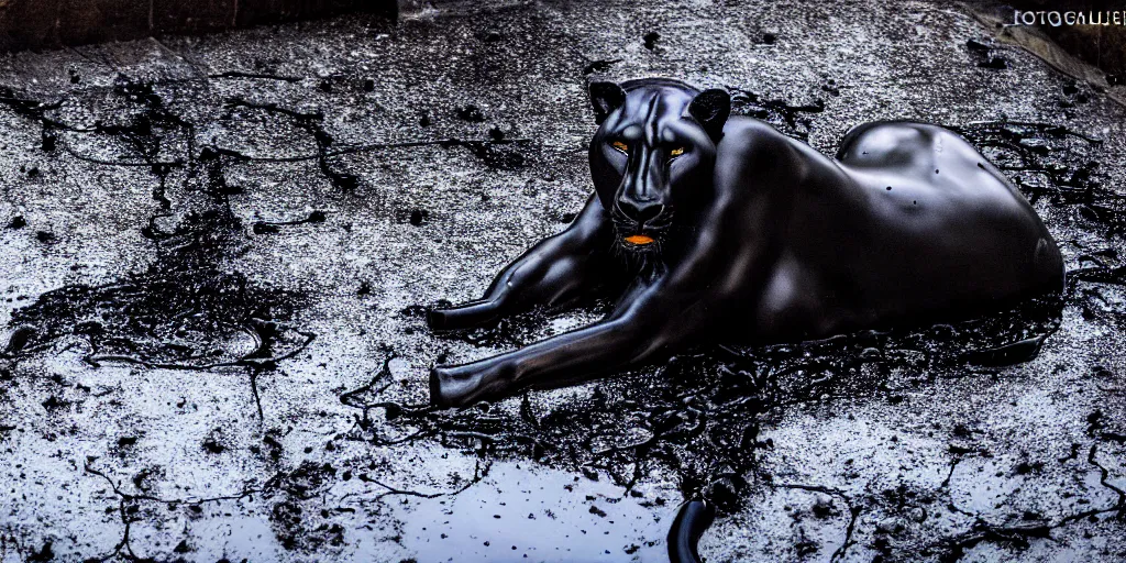 Prompt: the black lioness, made of smooth black goo, bathing inside the tar pit in the zoo exhibit, viscous, sticky, full of black goo, covered with black goo, splattered black goo, dripping black goo, dripping goo, splattered goo, sticky black goo. photography, dslr, reflections, black goo, zoo, exhibit