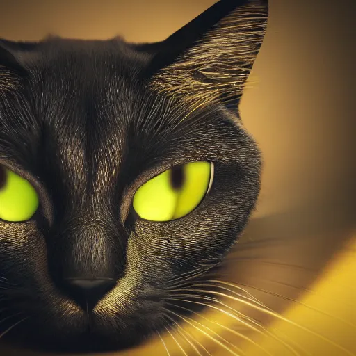 Prompt: black void cat with golden glowing eyes, fairytale, beautiful, intricate, elegant, ornate, super detailed, Octane render, reflections