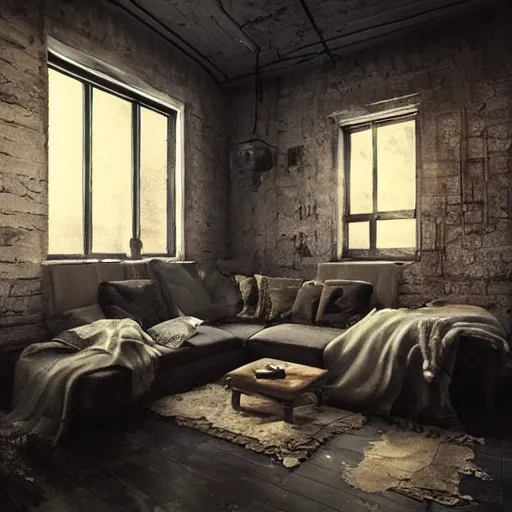 Image similar to rustic apartment interior, highly detailed, concept art, dark moody, night