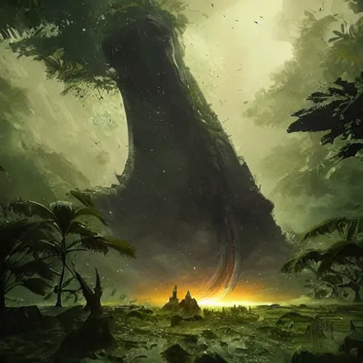 Image similar to An intact ancient alien ship, discovered half-buried in the jungles of Papua New Guinea, detailed fantasy art by Greg Rutkowski