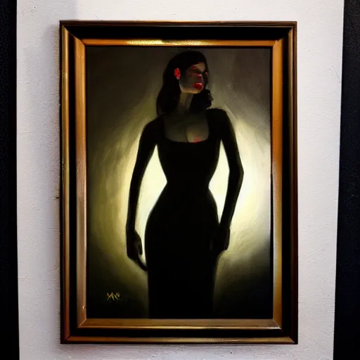 Image similar to macabre, female, noir oil painting, dark, dramatic lighting, shadow,