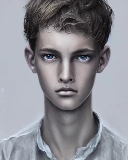 Prompt: portrait of 1 5 - year - old boy, a tall, slender boy with a pale, pointed face, white - blond hair, cold grey eyes, wearing in shirt hyper realistic face, beautiful eyes, fantasy art, in the style of greg rutkowski, intricate, hyper detailed, smooth