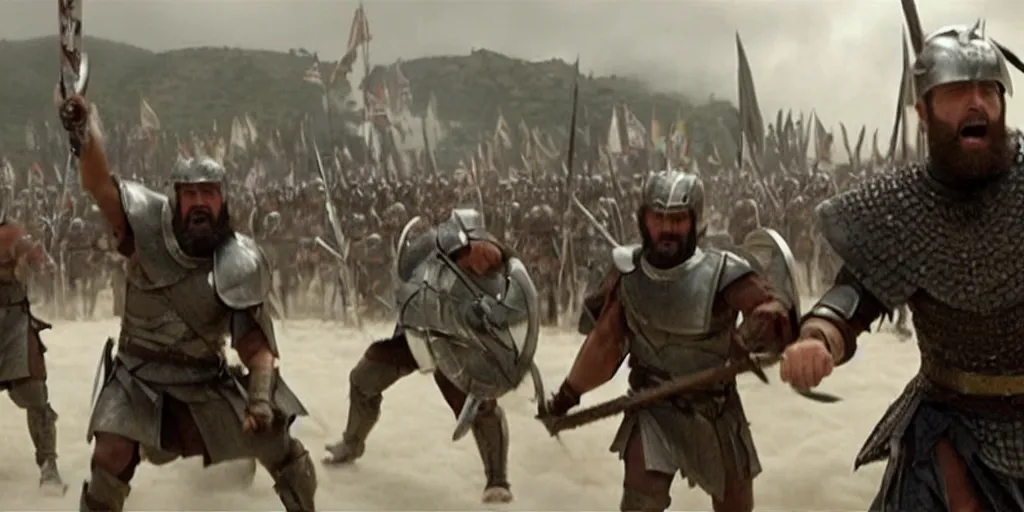 Image similar to Bernie Sanders dressed as Leonidas in screenshot from 300 movie, with Leonidas beard, leading Spartans into battle, in screenshot from the 300 movie