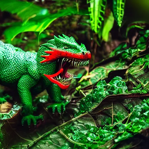 Image similar to a green and red dragon eating in a rain forest