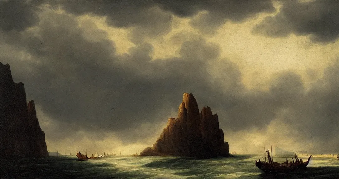 Prompt: an 1 8 th century! landscape painting of ship rock!!! moody! impressive! majestic, by carlos de haes!!!