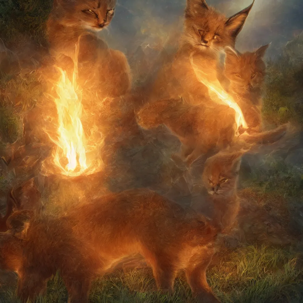 Image similar to many cute fluffy caracals, fire, magic, fantasy epic legends stylized digital illustration radiating a glowing aura global illumination ray tracing hdr fanart arstation, 8 k