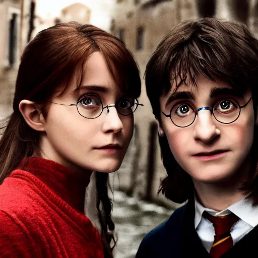 Prompt: Harry Potter and Hermione in Venice, symmetrical face, beautiful eyes, instagram photo, by Rembrandt, 4k, 8k