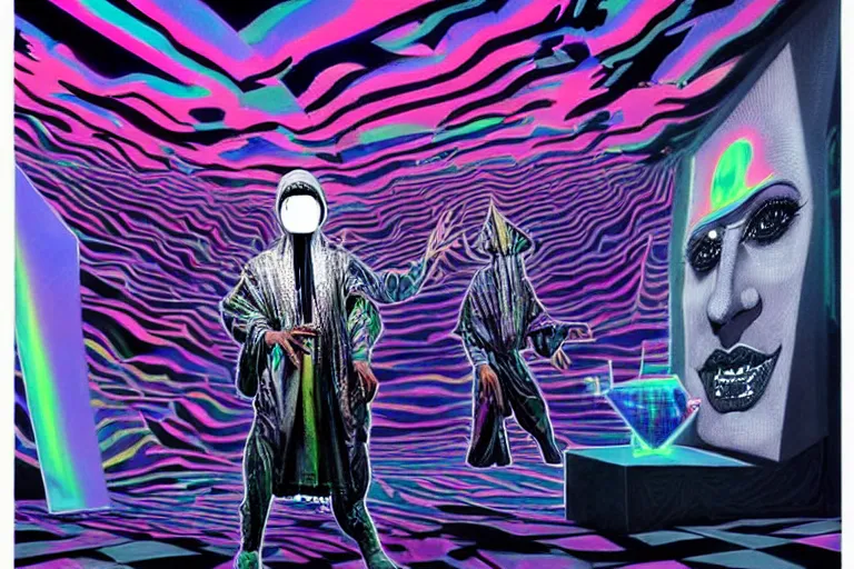 Image similar to a highly detailed beautiful masterpiece photograph of a technomancer wizard in dazzle camouflage robes with pointed hood facetiming his AI djinn hologram in his laboratory near a holographic super-computer by Remedios Varo and Anato Finnstark and Greg Rutkowski and Andy Warhol, dayglo pink, dayglo blue, prismatic, pearlescent white, raven black, hyperrealism, 8k, trending on ArtStation, rendered in Octane, rendered in Unreal engine, award winning, volumetric lighting