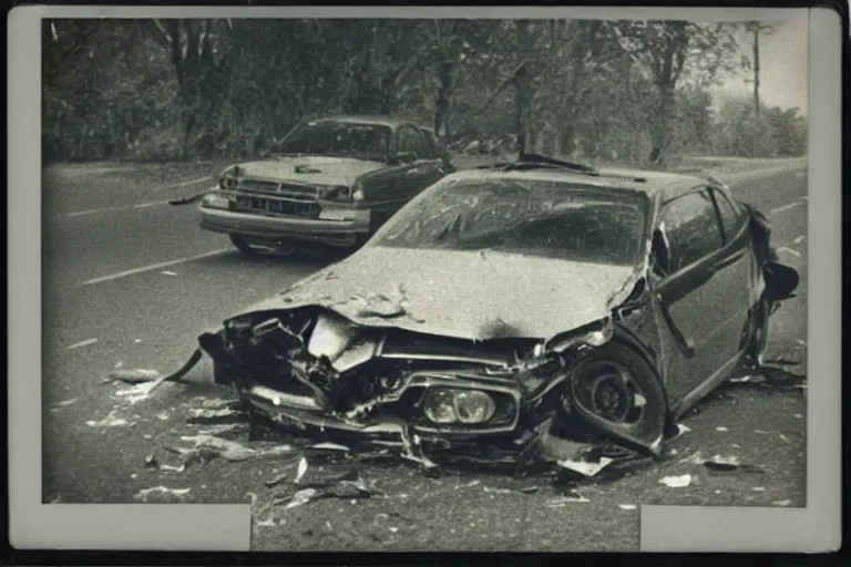 Image similar to old polaroid of a car crash, corpse on the road