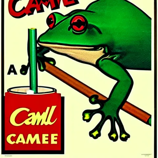 Image similar to A 1960s poster for Camel cigarettes with Camel Joe as a frog smoking a cigarette