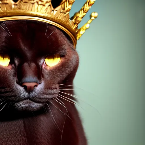 Prompt: chocolate burmese cat wearing royal crown and robes, artstation, fantasy
