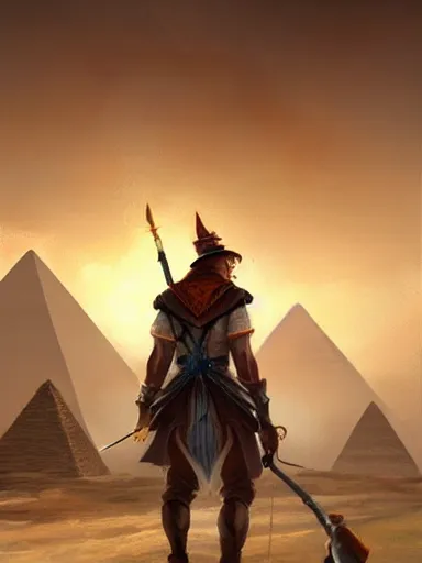 Prompt: a handsome man, walking with his staff near the great pyramids. intricate, elegant, highly detailed, digital painting, artstation, concept art, sharp focus, illustration, by justin gerard and artgerm, 8 k