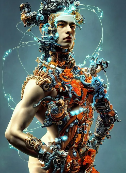 Image similar to full-body rococo and cyberpunk style sculpture of a young seductive Latino prince half android with a chest exposing circuitry, glowing pink seductive laser eyes, crown of blue sparks and diamonds, swirling orange-colored silk fabric, robotic raptors. baroque elements. full-length view. intricate artwork by caravaggio. art by Artgerm and Greg Rutkowski and Alphonse Mucha, Trending on artstation, cinematic industrial lighting, hyper realism, octane render, 8k, depth of field, 3D