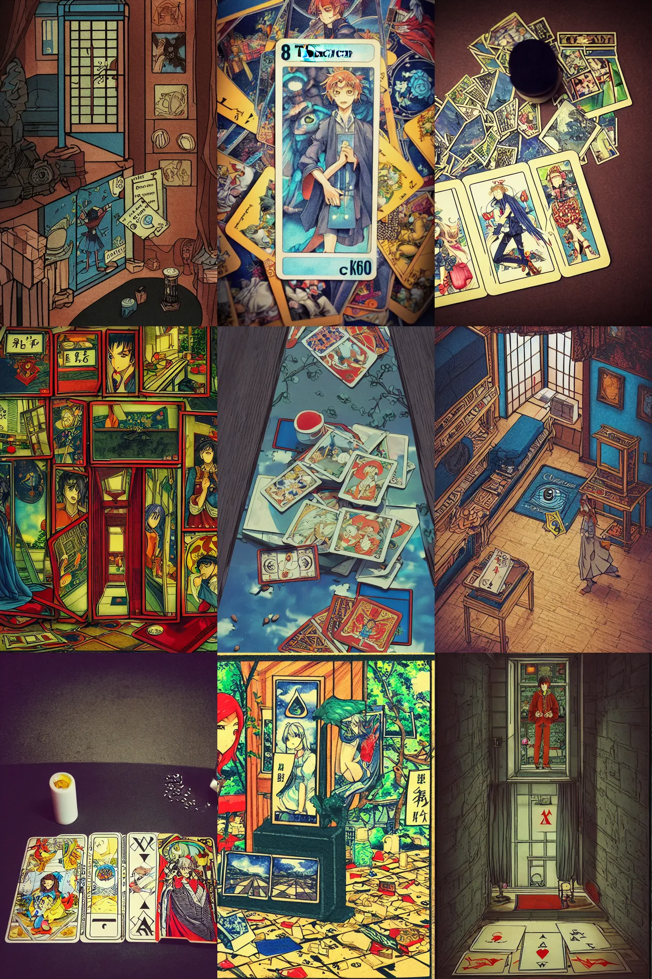 Prompt: Cinestill 50d, 8K, highly detailed, three point perspective; major arcana manga style card 3/4 still life, eye contact, focus on card, tilt shift background: famous major arcana card remake, transformation scene