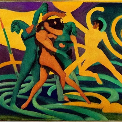 Image similar to oil on masonite painting by aaron douglas of a scene from greek mythology of medusa, green yellow and purple