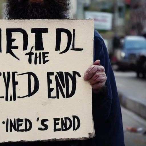 Image similar to a painting of a homeless man with a beard on the street with a sign that says 'The End is Near'