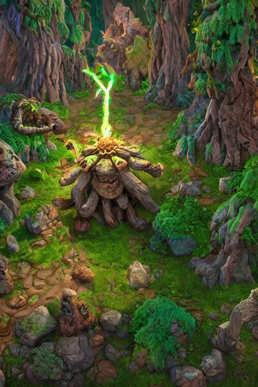 Image similar to zelda fantasy art giant golem troll wood rock greeble gemstone enchanted forest, global illumination ray tracing hdr fanart arstation by sung choi and eric pfeiffer and gabriel garza and casper konefal bastion forged hardmesh lisa frank zbrush central radiating a glowing aura global illumination ray tracing hdr