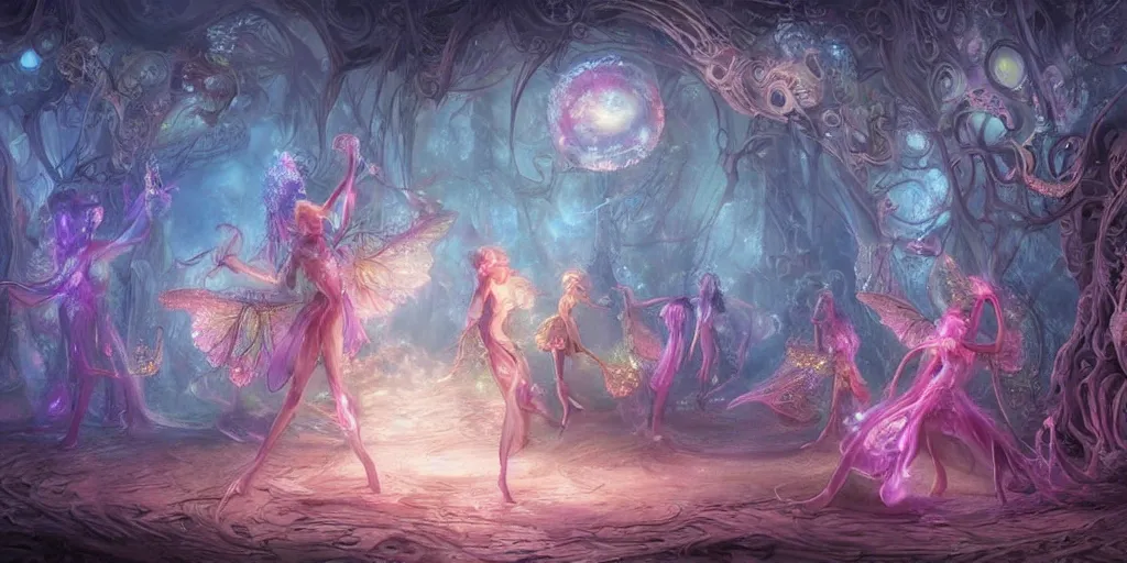 Prompt: concept art of translucent glowing curvy fairies dancing, lovecraftian, renaissance, melting, round moons, rich clouds, fighting the horrors of the unknown, very detailed, volumetric light, mist, fine art, decaying, textured oil over canvas, epic fantasy art, very colorful, ornate intricate scales, floor of skulls, fractal gems