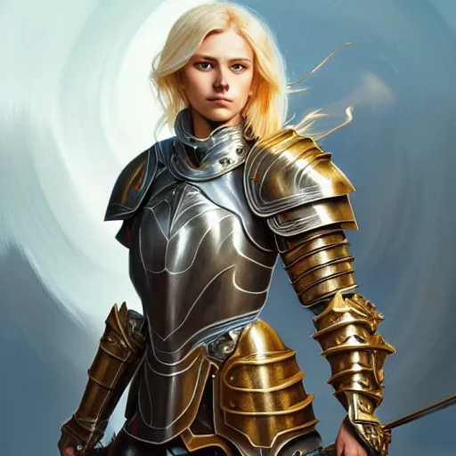 Image similar to Portrait of a female Paladin with blonde hair wearing a heavy knight armor, face, fantasy, intricate, elegant, highly detailed, digital painting, artstation, concept art, smooth, sharp focus, illustration, art by Wei Fan and Fernanda Suarez and Artem Demura and alphonse mucha