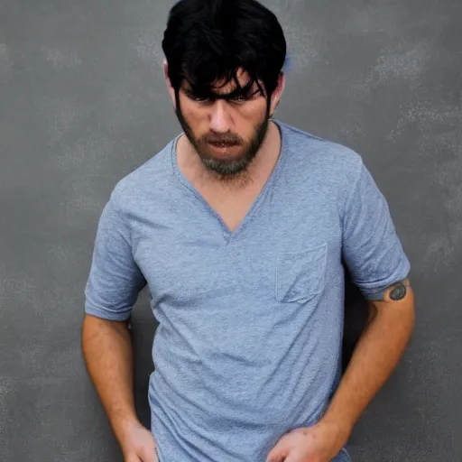 Image similar to a guy in a grey shirt and wearing blue jeans and with black hair tearing up ( photo realistic, and great quality )