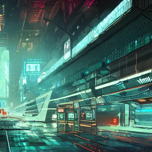 Image similar to a futuristic post - apocalyptic subway city of oriental type with neon lights artstation, illustration