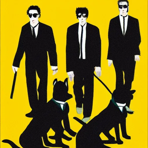 Prompt: painting of reservoir dogs, as dogs. 5 dogs all wearing black suits and ties. standing on back legs. wayfarer sunglasses. in the style of quentin tarantino. light casting their silhouettes on the ground.