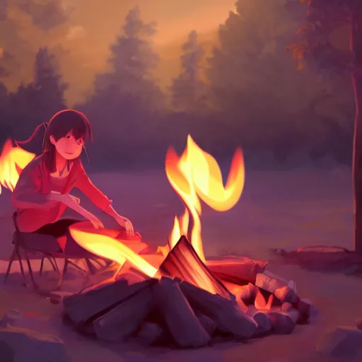 Prompt: a girl roasting a marshmallow over a campfire, warm and wholesome glow, anime scene by Makoto Shinkai, digital art, 4k