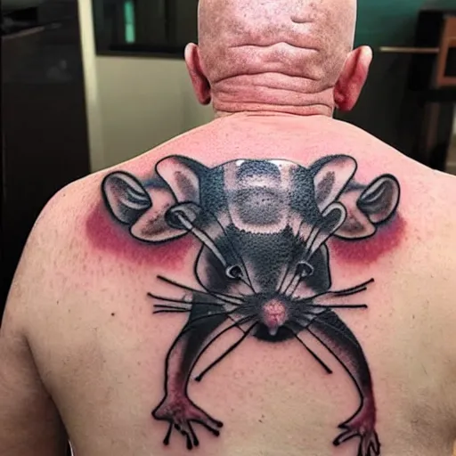 Image similar to an 8 k hdr ultra realistic photo of a contemporary award winning rat tattoo on an old man ’ s bald head