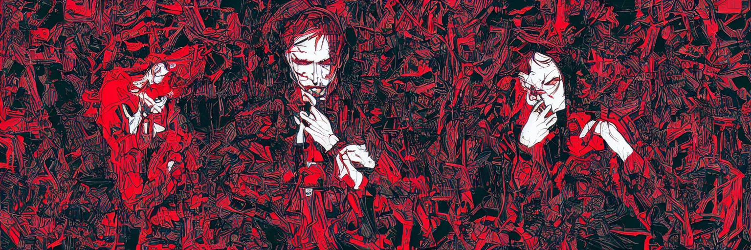 Image similar to paranoia man black and red colors radiohead, illustrator art by james jean