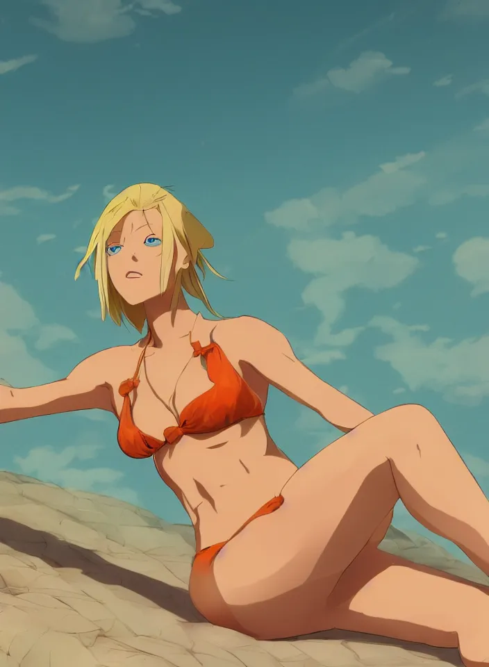 Prompt: beautiful blond woman in orange tribal bikini, blond hair pulled back off the face, green eyes, by makoto shinkai, 8 k, high resolution render, cinematic color grading, clean lineart and flat color,
