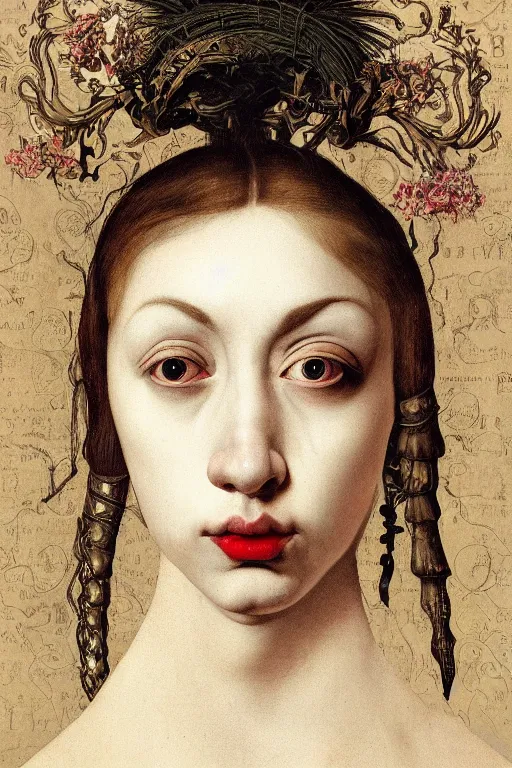 Image similar to Detailed maximalist portrait with large lips and with large eyes, sad expression, HD mixed media, 3D collage, highly detailed and intricate illustration in the style of Caravaggio, dark art, baroque