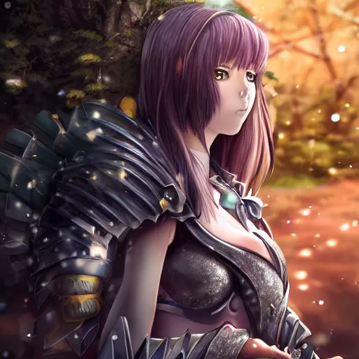 Image similar to portrait focus of knight beautiful 3D anime girl, chamallow armor wearing, dark forest background, snowing, bokeh, inspired by Masami Kurumada, digital painting, high contrast, unreal engine render, volumetric lighting, high détail