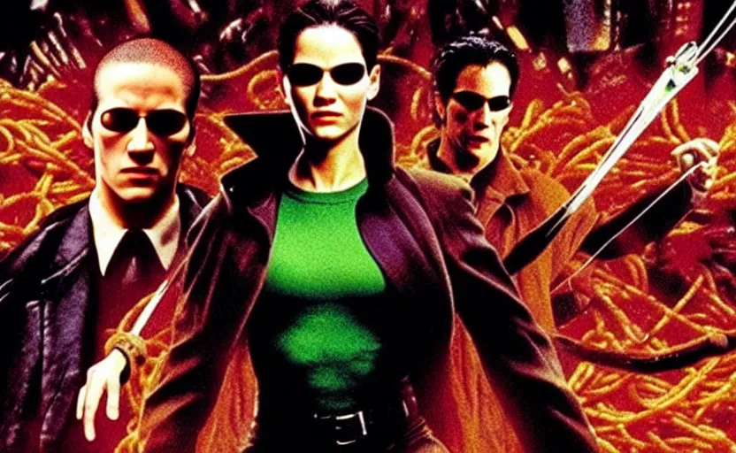 Prompt: the movie the matrix except it's all spaghetti vfx film
