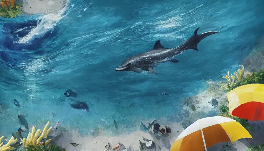 Image similar to craig mullins and ghibli digital illustration of, a dolphin in the blue dotted water, modern beach ， many umbrellas, white waves ， yellow gravel corals and schools of fish unreal engine, hyper realism, realistic shading, cinematic composition, realistic render, octane render, detailed textures, photorealistic, wide shot