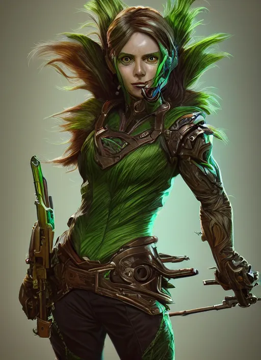 Prompt: a highly detailed illustration of short small cute gunslinger green goblin girl, art by artgerm and greg rutowski, intricate, elegant, highly detailed, centered, digital painting, artstation, concept art, smooth, sharp focus, league of legends concept art, wlop.