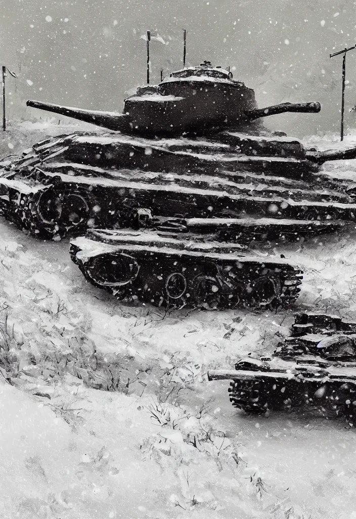 Image similar to Digital Art of a single 1914 Tank in the snow in russia, trending on artstation