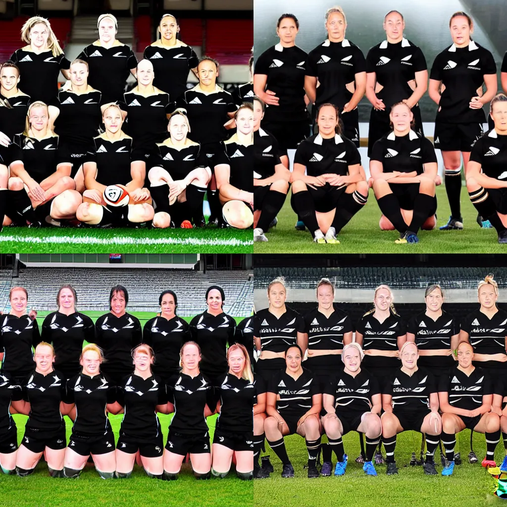 Prompt: photograph new zealands all blacks female team