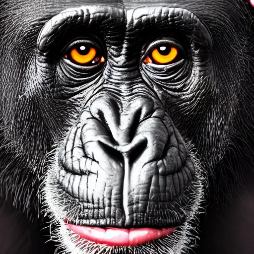 Image similar to a high detail closeup photograph of a chimpanze wearing a suit 👔, award wining photograph, digital art