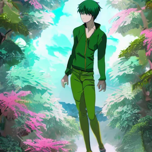 Image similar to A Green Anime person Being curios to plants, Digital art, Anime style, Cinematic, Epic.