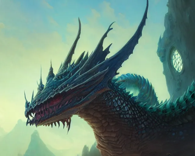 Image similar to highly detailed portrait of a fantasy dragon, in magic the gathering, stephen bliss, unreal engine, fantasy art by greg rutkowski, loish, rhads, ferdinand knab, makoto shinkai and lois van baarle, ilya kuvshinov, rossdraws, tom bagshaw, global illumination, radiant light, detailed and intricate environment