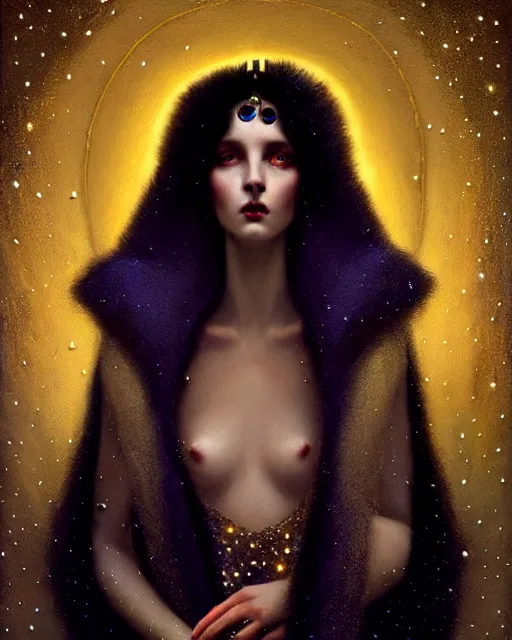 Image similar to Nocturne, glowing, stars, a portrait of a beautiful female shadow djinn creature with long fur collar, highly detailed, mysterious, ethereal, dressed in velvet and gold jewelry, haute couture, illustration, dramatic lighting, soft details, painting, by Edmund Blair Leighton, Brom, Charlie Bowater, trending on artstation, faces by Tom Bagshaw, otto schmidt