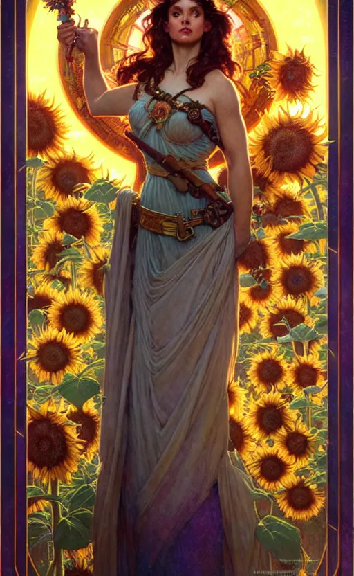 Prompt: magic gorgeous goddess portrait, sorrounded by sunflowers lighting by weta studio, mucha, bautista and norman rockwell and greg rutkowski and tom bagshaw and james gurney and lucasfilm