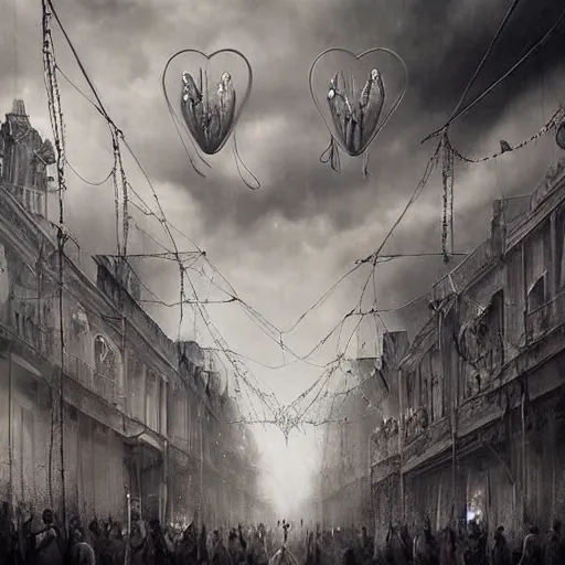 Prompt: By Tom Bagshaw, ultra realist soft painting of curiosity carnival by night, Heart attached in barbed wires, symmetry accurate features, very intricate details, ominous sky, black and white, volumetric light clouds