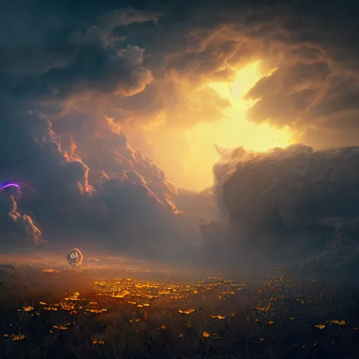 Image similar to golden eastern sky dragon, alien flowers, landscape wide shot, thunderstorm, unreal 5 render, digital art, octane render, beautiful composition, trending on artstation, award - winning photograph, masterpiece