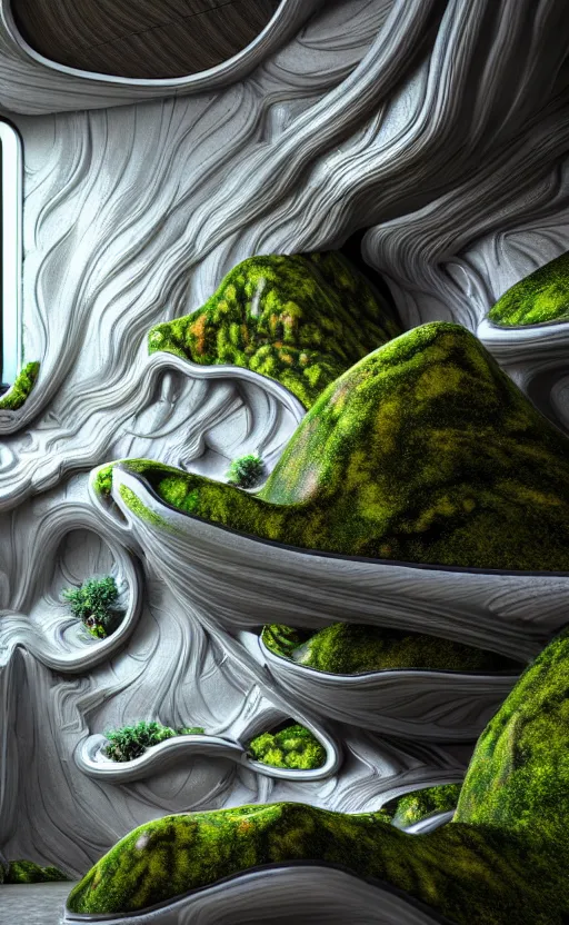 Image similar to highly detailed ultra sharp 3 d render villa interior cinematic composition of a smooth ceramic porcelain biomorphic magnolia stone nebula fluid fractal sci - fi surreal architecture landscape, granite, metallic, magnesium, marble, moss and lichen, vincent callebaut composition, mamou - mani, archviz, beautiful lighting, 8 k, unreal engine, hdr,