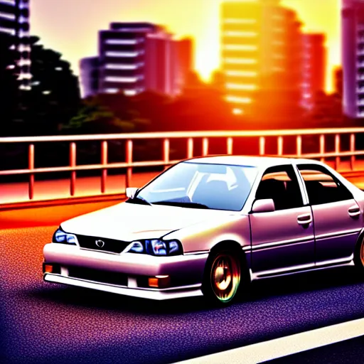 Image similar to a car Toyota JZX100 in middle of road, saitama prefecture, city sunset, cinematic color, photorealistic, highly detailed, bokeh