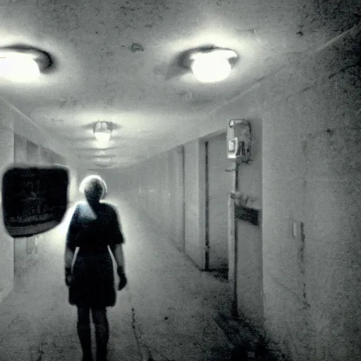 Image similar to A liminal expired 35mm photograph of Silent Hill 2 with a nurse, flash photography